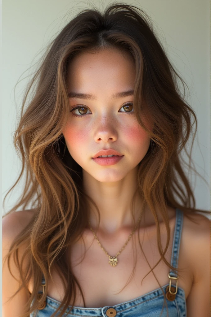 A teenage girl who has long, wavy light brown hair, that is loose. Her big, hazel eyes, along with his intense and curious gaze, They stand out in their face with soft and delicate features. He is of average height, with a relaxed but confident posture, moving with a natural grace. His style is simple but unique., reflecting her creative and passionate personality about fashion.