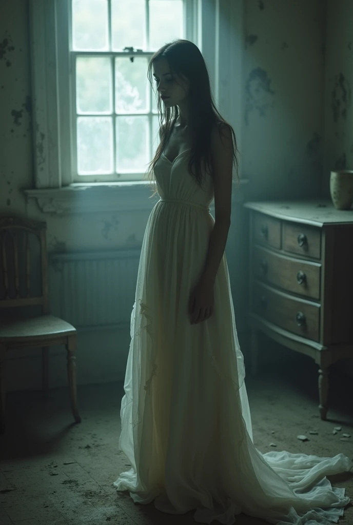 woman in a white dress standing in a room with a window., inspired by Elsa Bleda, by Elsa Bleda, by Johanna Marie Fosie, inspired by Katia Chausheva, pale young ghost, tattered dress, A portrait of a suicidal girl, covered in cobwebs and dust, inspired by Brooke Shaden