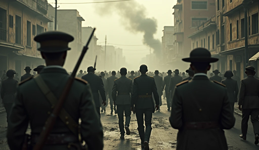 1912 luanda, scared people walking around the city, newspapers with war news, (best quality,4k,8k,highres,masterpiece:1.2),ultra-detailed,(realistic,photorealistic,photo-realistic:1.37),dramatic lighting,cinematic composition,gloomy atmosphere,muted color palette,chiaroscuro lighting,impending doom,chaos,panic,fear,despair,urgency,wartime setting,historical accuracy,period details,newspaper headlines,war correspondents,street scene,urban environment,crowd of people,civilians fleeing,soldiers patrolling,destroyed buildings,smoke plumes,overcast sky,dramatic shadows,moody tones