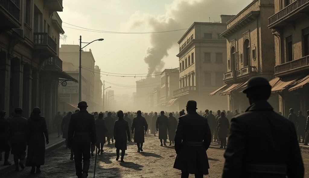 1912 luanda, scared people walking around the city, newspapers with war news, (best quality,4k,8k,highres,masterpiece:1.2),ultra-detailed,(realistic,photorealistic,photo-realistic:1.37),dramatic lighting,cinematic composition,gloomy atmosphere,muted color palette,chiaroscuro lighting,impending doom,chaos,panic,fear,despair,urgency,wartime setting,historical accuracy,period details,newspaper headlines,war correspondents,street scene,urban environment,crowd of people,civilians fleeing,soldiers patrolling,destroyed buildings,smoke plumes,overcast sky,dramatic shadows,moody tones