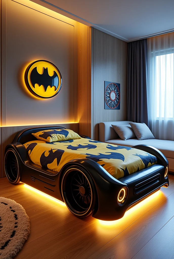 Example of a car-shaped bed whose mattress uses a Batman sheet and bedcover. Plus there are lights under the bed and Air Conditioner 