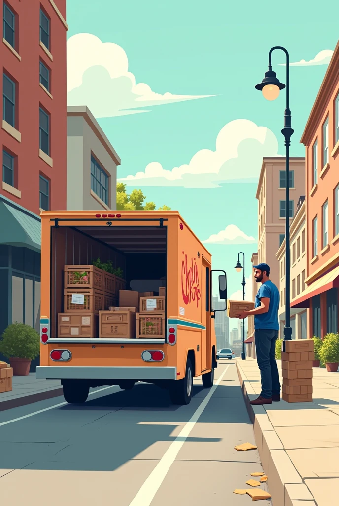 Generate a simple vector illustration, of a person carefully unloading goods from a food truck