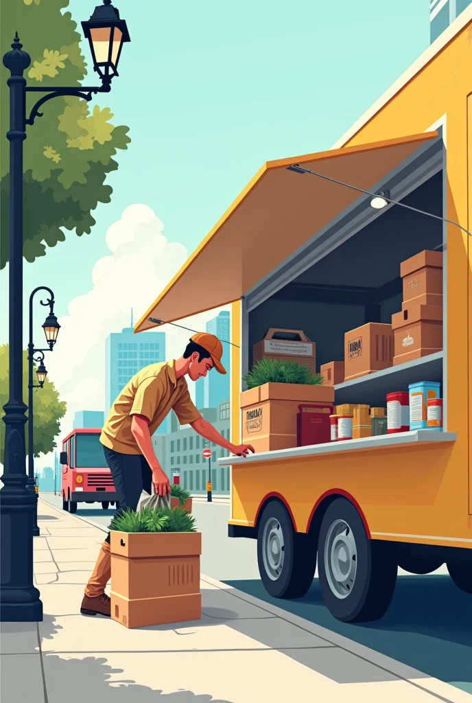 Generate a simple vector illustration, of a person carefully unloading goods from a food truck
