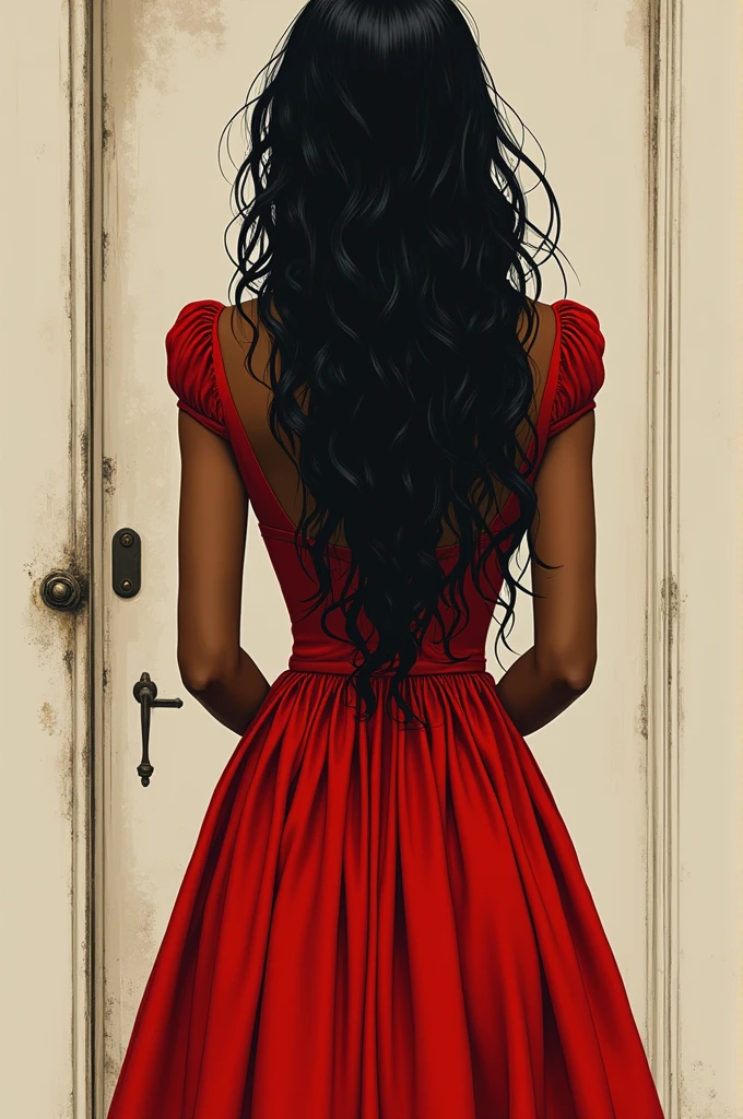 Make a book cover, as if it were drawn by hand, of a black woman, with long black hair, with a red dress, chic, at the time of the 19th century, with open backs, at the end there is the shadow of a man waiting for her at the door, A white man. It's not supposed to be realistic, it's a drawing.