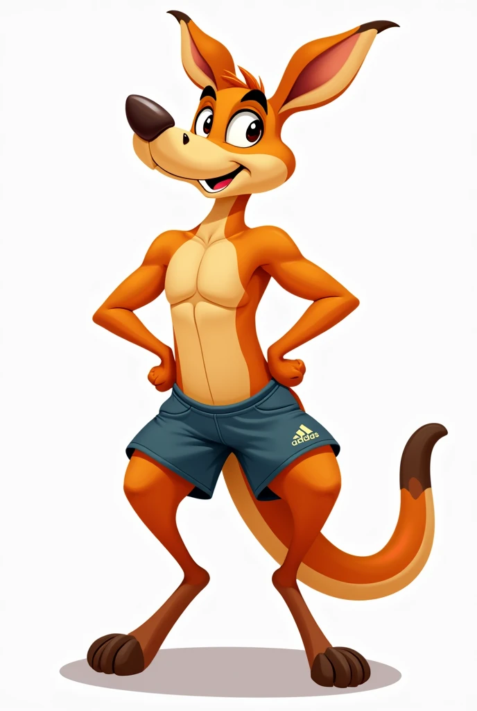 Make a cartoon style sporty kangaroo with its legs set like it is in real life, Don't do it moving, leave it I want and let it be male, not so muscular SPORTY, more sporty less muscle