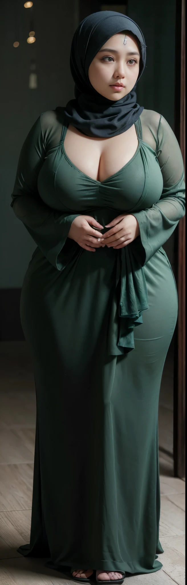 1 malay girl, modern plain hijab, shy, medium portrait, watery eyes, wearing dark green kebaya, ((big breasts)), black bokeh background, well-proportioned body,, chubby massive thighs, full body pose, Hena art on the body, hena art on full body, slightly fat body , voluptuous body , curvy body 