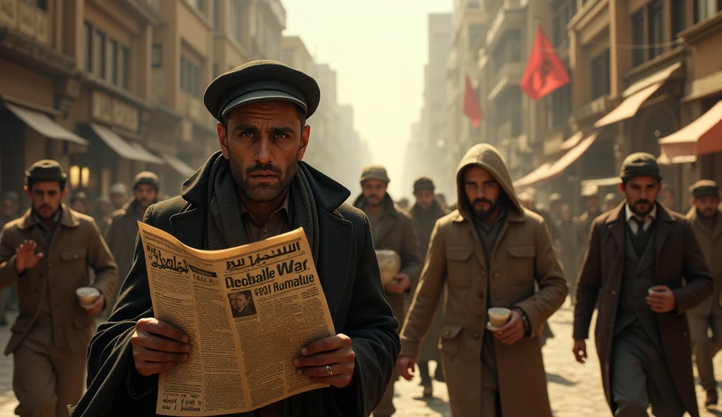 1912 baghdad cityscape, scared civilians, newspapers with war headlines, highly detailed, vibrant colors, realistic, dramatic lighting, gritty, photorealistic, cinematic, dramatic, emotional, (best quality,4k,8k,highres,masterpiece:1.2),ultra-detailed,(realistic,photorealistic,photo-realistic:1.37),extremely detailed human faces and expressions,extremely detailed clothing and textures,extremely detailed buildings and architecture,dramatic lighting,cinematic camera angle,compelling narrative,vivid colors,dramatic shadows and highlights