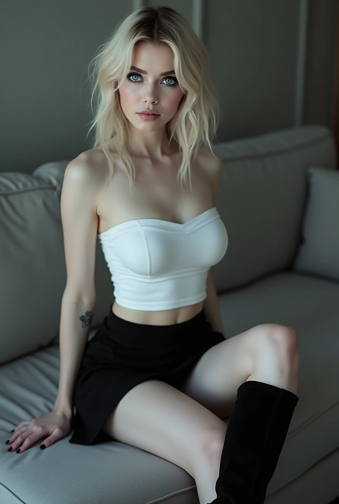 A (((full-body))) picture of an ethereally beautiful 1 girl. She has youthful caucasian features and ((very pale white skin)). Her eyes are a striking blue, and she is wearing ((heavy black eye makeup)). She has a very slim body with long thin legs and large round breasts. She is wearing a tight white crop top, a very short black miniskirt, and black boots. She is sitting in a provocative pose that shows off her legs, and her (((whole body from head to toe))) is shown in the photo.