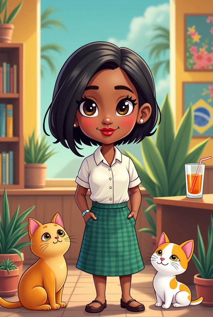 in chibi style, a teacher with brown skin and short straight hair, who often wears vibrant red lipstick and always has a cheerful smile on her face. She is in love with her IEL class/BA V10 and loves cats, cachaça, trips, beach and the fact of being from Bahia. Rosana loves to travel and has a strong connection with Brazilian culture..