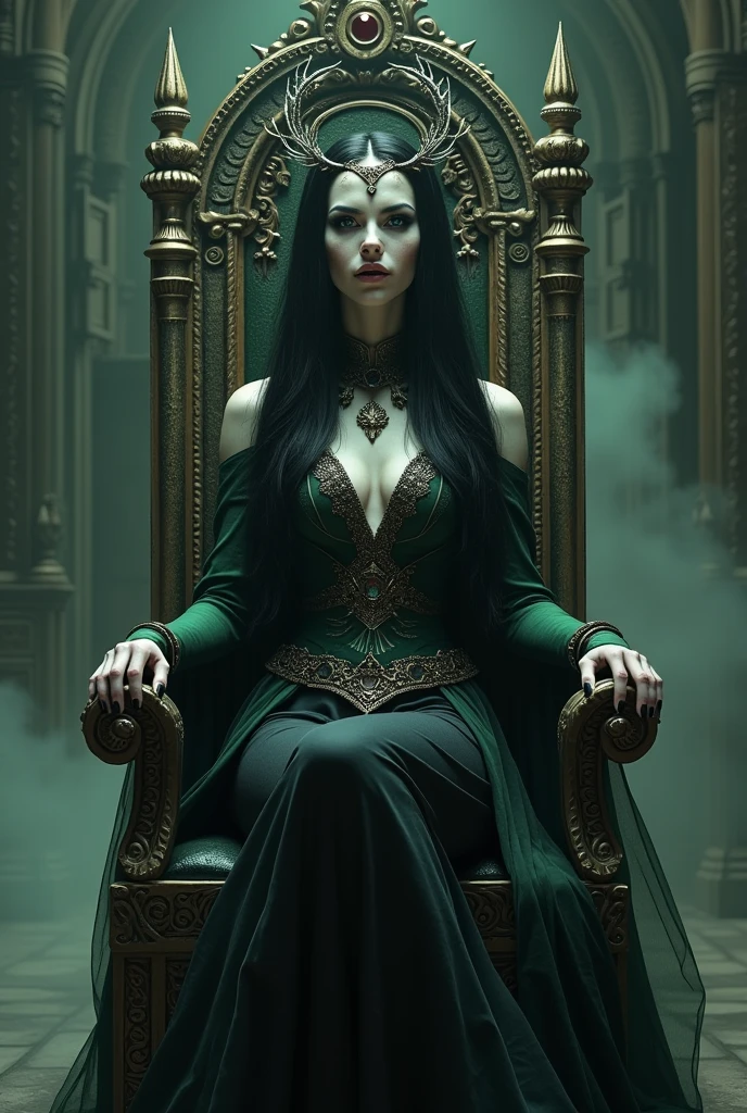 (photorealism:1.2), beautiful woman, sitting on the throne, named hela the goddess of death and lord of the helheim