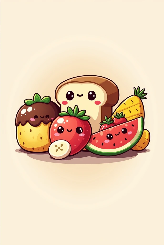 Create a logo with the following fruits that have chocolate: strawberry watermelon pineapple banana and bread, that the fruits are kawaii , the name be: "CHOCOLOCOS"