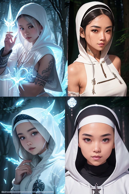 A young priest girl with Asian features, riding a animal, lovely charming face, having White silver skin tone pigmenting texture , ( full body perfect detailed masterpiece), ( dark skin tone texture masterpiece ), ( native Tribal hairstyles look), ( having a illuminating white silver crystalized wavy short hair ), ( has a artistic tattoos ),(( wearing hoodie of nun design)), (smiling, with exposed teeths showing open mouth)(perfect full body detailed anatomy), (Super accessories detailed), (fighting pose), (perfect detailed crystal Gray sparkling eyes),(wearing illuminating gemstone crystalized accessories hair), ((expose big hard erect nipples))(( exposed panty, with pussy clitoris exposed and slip showing))((legs wide open showing pussy line))(( Wearing transparent illuminating see thru priest costume )), (( holding a incense)), (( illuminating different lights covering the sorrounding atmosphere forest with a misty shadow effects showing)) ruins back temples with many flora and fona rarity, on its back wearing monk cape detailed design, has deadly presence, ((having 7 different perspective view of that same girl & face profile sheet character style ))