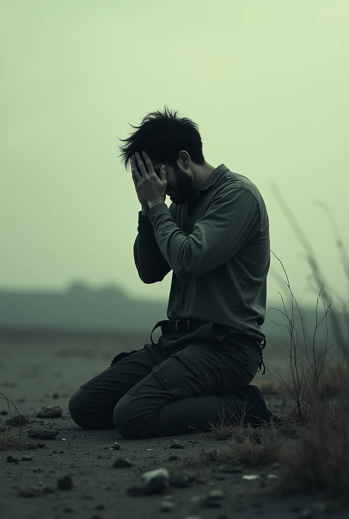 Man far away crying on his knees 
