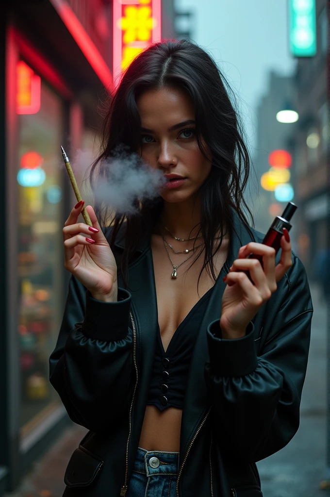 A lady holding a blunt and vape