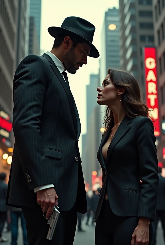 Bully Man Holding Gun in Suit Mafia Hat on Head Women Looking at Him in Midtown New York