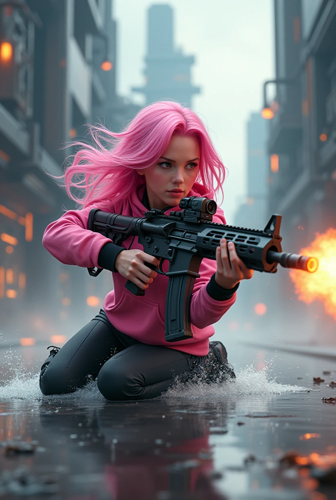 pink haired busty teenage girl holding two large rifles in a pink and black hoodie shooting through and futuristic fortress while sliding on her knees