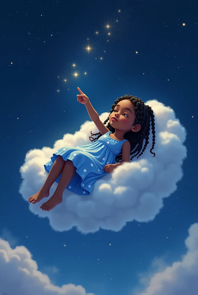 Adult black girl sleeping on top of a cloud in the sky pointing at the stars with long black braids wearing blue starry dress