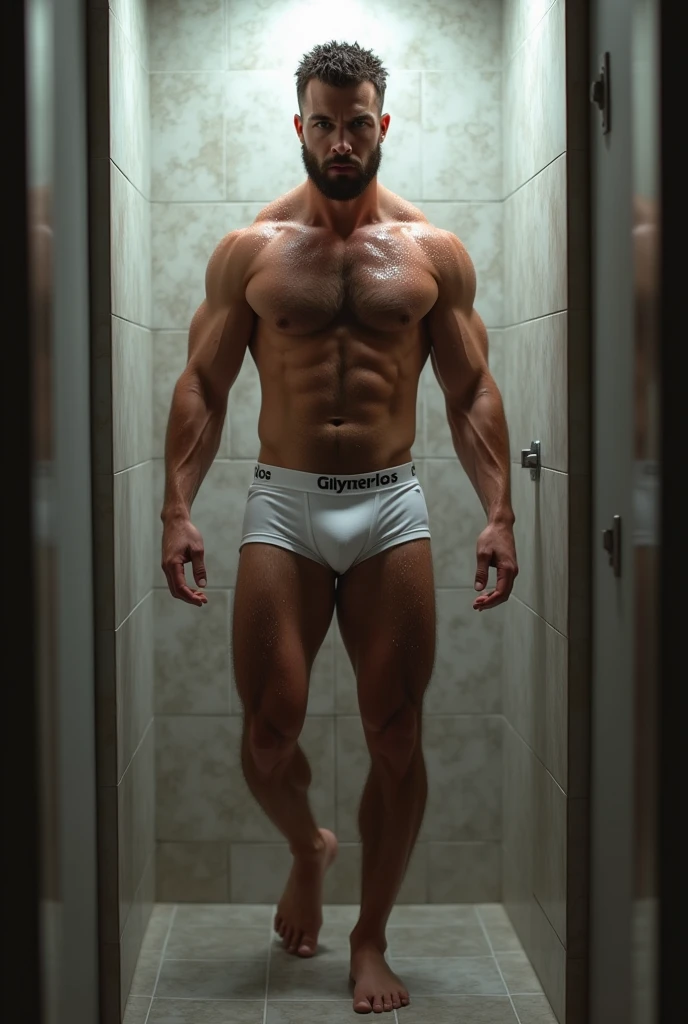 A muscle man, well-built, velludo, virile, hairy and attractive in branded underwear and barefoot, coming out of the shower without shoes