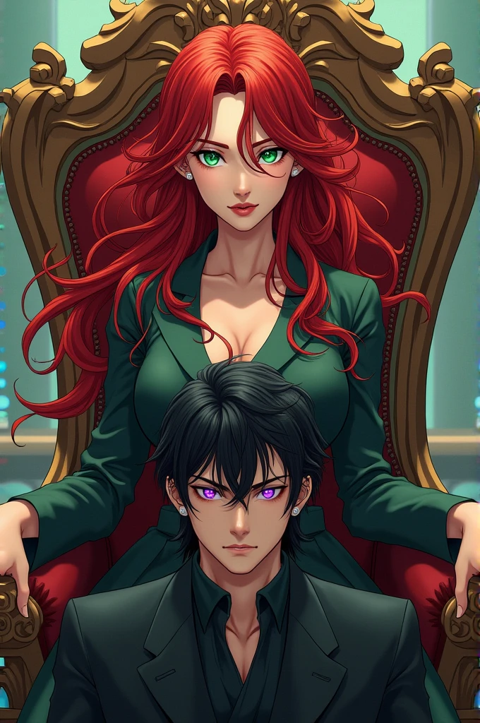 A female manhwa character with long red hair that fell in short waves around her shoulders, piercing emerald green eyes, and a beauty that was almost otherworldly sitting on a throne while a male manhwa character who is tall and lean, with dark black hair that fell to his shoulders and bright purple eyes. Could also add a title that says 'Revenge of the so-called villainess'
