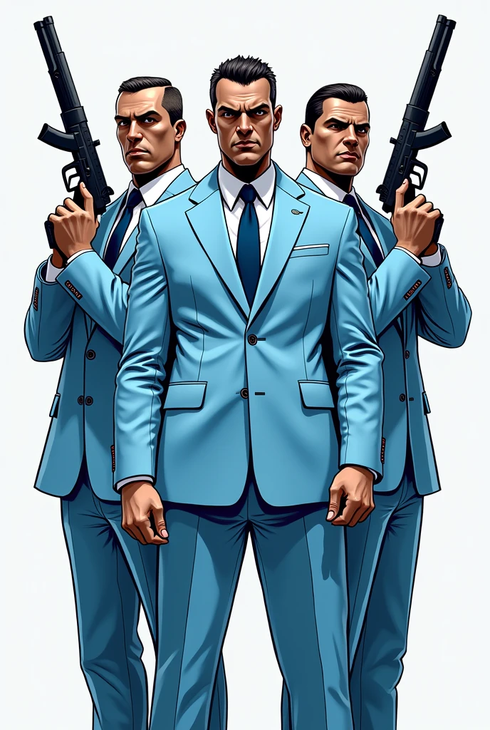 Logo of 4 gangster guys in light blue outfit holding guns 
