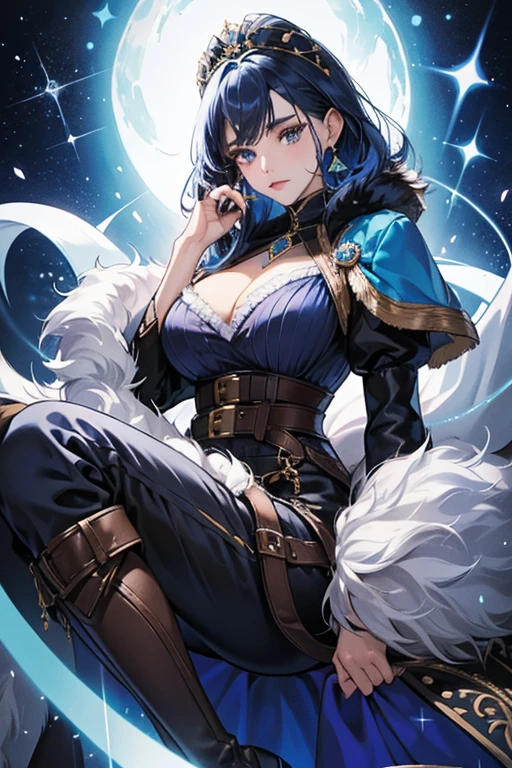 she dark blue hair. Kaeya wears a half-cape with a fur collar; a white-collared, cleavage-revealing blouse; dark, tight-fitted trousers; and knee-length boots. Her Vision hangs from a loose brown belt, which also has a blue gem and a rope. sHe has a blue earring on her left ear. SPARKLE; GLITTER