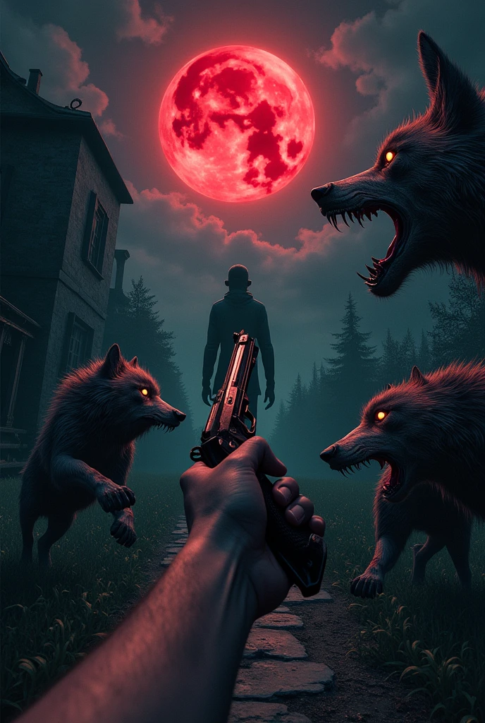 FIRST PERSON POSPECT with an arm holding a pistol, garden of an old residence, at night, a blood-colored moon in the sky, zombie wolves with plagues spot you 