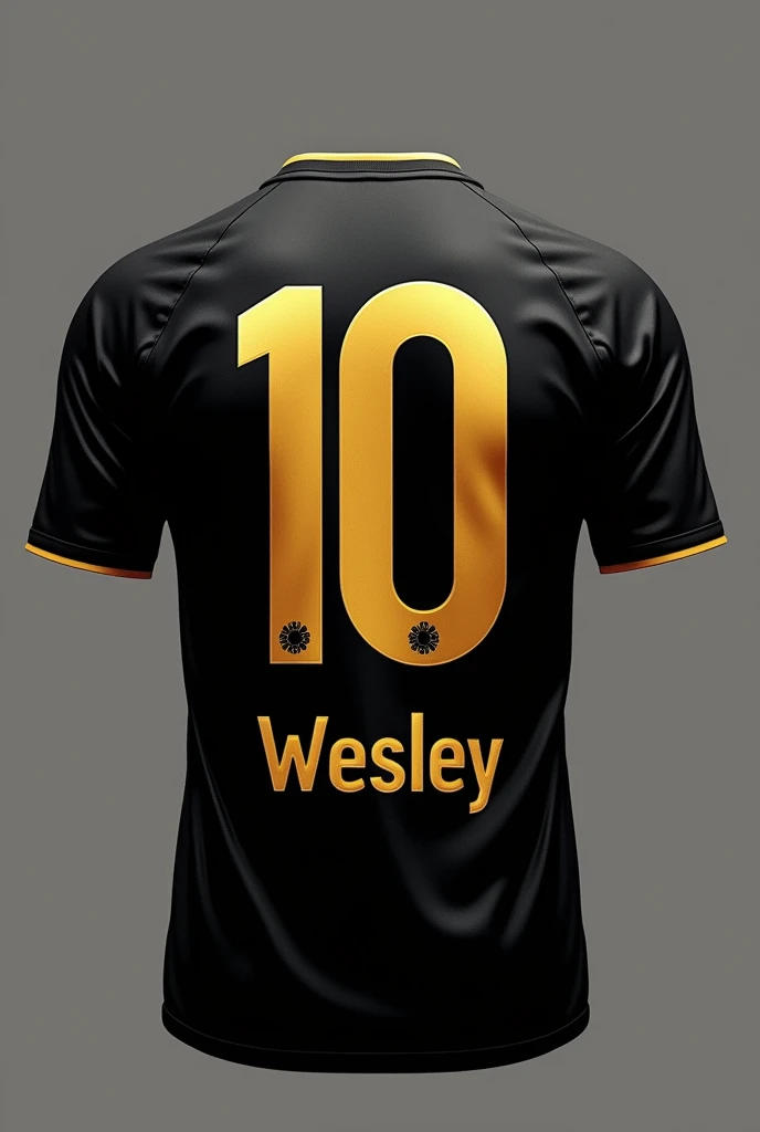Make me a black football shirt, onde no meio dela há o número 10 grande doradas, and on the bottom of the shirt it says " Wesley " doradas