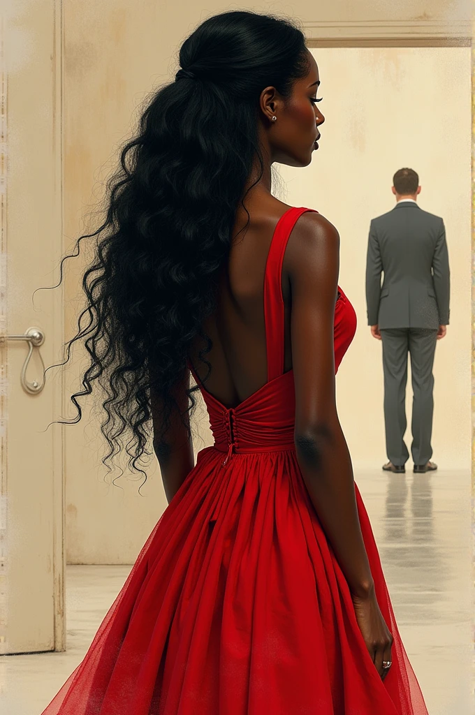 Create the cover for the book In the Shadow of Desire, as if it were drawn by hand, a black woman with long, wavy hair stood with her back to, with a beautiful red dress with an open back and at the end, have a door, and at that door, the shadow of a mysterious man