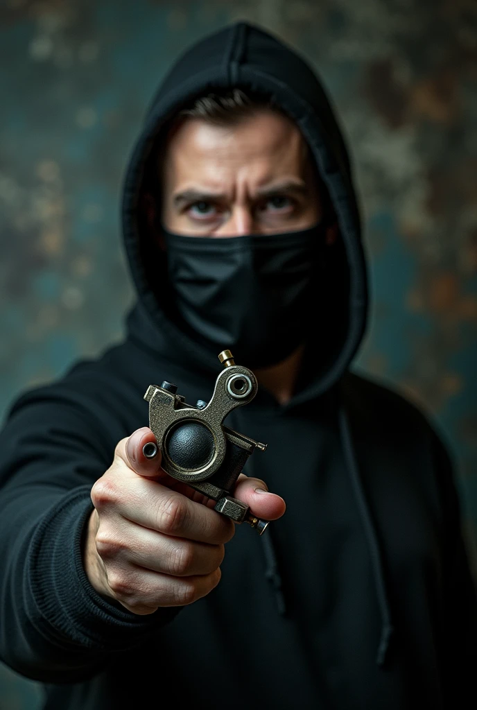 Man with mask showing tattoo machine 
