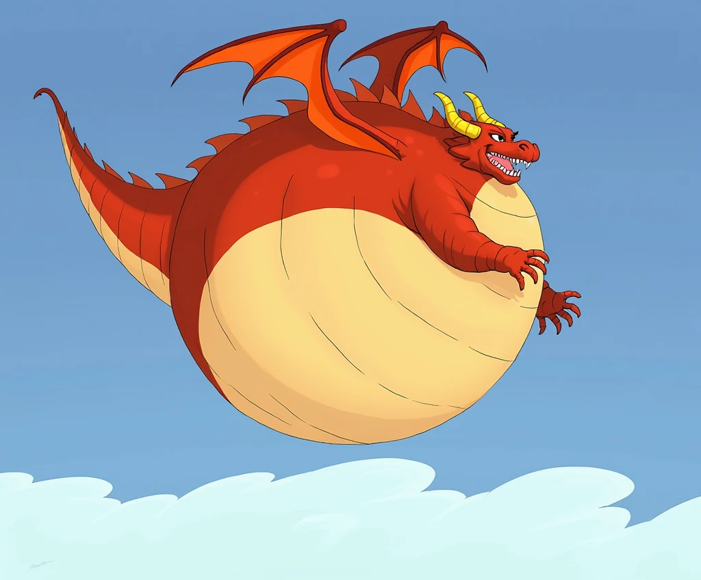 He is a red dragon,He has two arms and two legs and is cool., It has golden horns, Wings with hands, The world&#39;s most super tall and extremely obese dragon, So that the boat touches the ground,, It has wings and its facial features are so thick that it is bigger than its face, fat and huge, and its belly is swollen like a balloon that looks like a mountain that could burst. It is swollen several times more than its size and is distracting.!!! His belly touches the ground and his body is long. He is 10 heads tall. He is alone. He is too fat. His belly is too big and his legs, arms, face, and everything else look small compared to his belly fat. Make him bigger and fatter. He is in the sky and flying in the sky.
