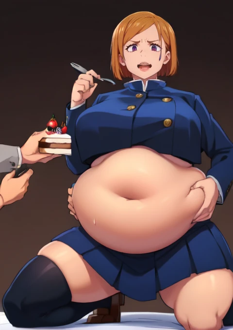 (masterpiece, best quality), 1girls, big belly, blurry background, huge belly, art by kipteitei, round belly, chubby, curvy, short cut hair, brown hair, ripped shirt, skirt, thighhighs, simple_background, gradient_background, belly bursting out of (((black school uniform))), long sleeves, enormous belly, fat belly, thicc, bigger belly, really big belly, jiggly belly, giant huge belly, big enormous belly, ((((gigantic belly)))), bloated belly, fat belly, ginormous big belly, expanding big belly, sfw, safe for work, kneeling on bed, sfw (safe for work), nobara kunisaki, (((a person out of frame is feeding her a bite of cake on a fork, she has her mouth open wide for the cake to go))), sweating, blushing, (mouth open wide, tongue out, she is saying aaah)