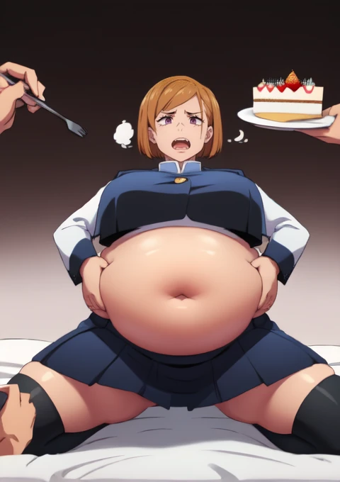 (masterpiece, best quality), 1girls, big belly, blurry background, huge belly, art by kipteitei, round belly, chubby, curvy, short cut hair, brown hair, ripped shirt, skirt, thighhighs, simple_background, gradient_background, belly bursting out of (((black school uniform))), long sleeves, enormous belly, fat belly, thicc, bigger belly, really big belly, jiggly belly, giant huge belly, big enormous belly, ((((gigantic belly)))), bloated belly, fat belly, ginormous big belly, expanding big belly, sfw, safe for work, kneeling on bed, sfw (safe for work), nobara kunisaki, (((a person out of frame is feeding her a bite of cake on a fork, she has her mouth open wide for the cake to go))), sweating, blushing, (mouth open wide, tongue out, she is saying aaah), she has an eyepatch over her left eye