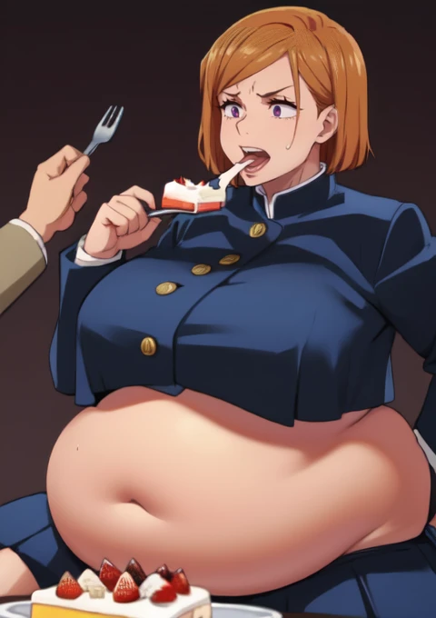 (masterpiece, best quality), 1girls, big belly, blurry background, huge belly, art by kipteitei, round belly, chubby, curvy, short cut hair, brown hair, ripped shirt, skirt, thighhighs, simple_background, gradient_background, belly bursting out of (((black school uniform))), long sleeves, enormous belly, fat belly, thicc, bigger belly, really big belly, jiggly belly, giant huge belly, big enormous belly, ((((gigantic belly)))), bloated belly, fat belly, ginormous big belly, expanding big belly, sfw, safe for work, kneeling on bed, sfw (safe for work), nobara kunisaki, (((a person out of frame is feeding her a bite of cake on a fork, she has her mouth open wide for the cake to go))), sweating, blushing, (mouth open wide, tongue out, she is saying aaah)