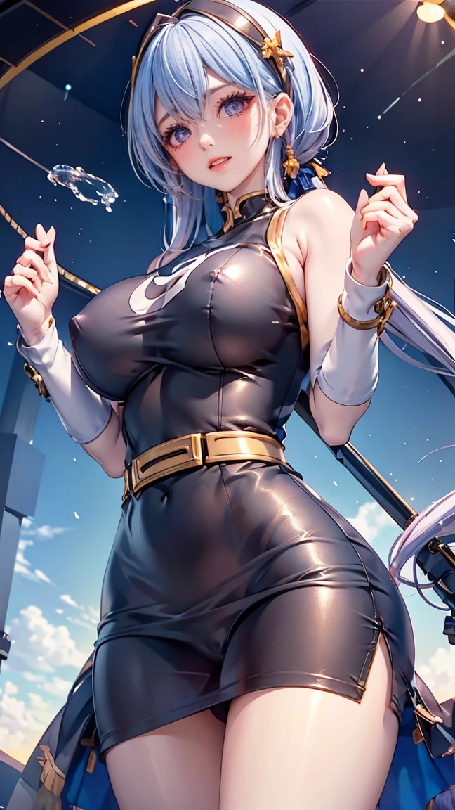 anime illustration, ((((highest quality)))), (((Ultra-precision CG 16K))), (((masterpiece))), BREAK skinny body, slender waist, medium Breasts, (((perky breasts))), ((sagging breasts)), (covered nipples), (((tanned skin, tan lines))) , BREAK (written in detail of face, smiling, blush, determined expression, sweaty , Heavy breathing, embarrassed, ) , (natural make), BREAK narrow eyes, (streaked hair, hair intakes, colored inner hair, ) BREAK (((wearing printed oversized clothing , wearing wide-leg-pants, breasts is covered by outfit, (detailed panty), Narrow aisles,))) , wearing earrings , BREAK ( stick breast out,) BREAK (( ripples , horizon , under the cosmic sky on the cosmic sea , cosmic effects, milky way, a girl blended into the background )), (((bustup shot, looking at viewer, extremely detailed eyes ))), BREAK ((cinematic , pinup magazine pose, dancing , scoop water with both hands