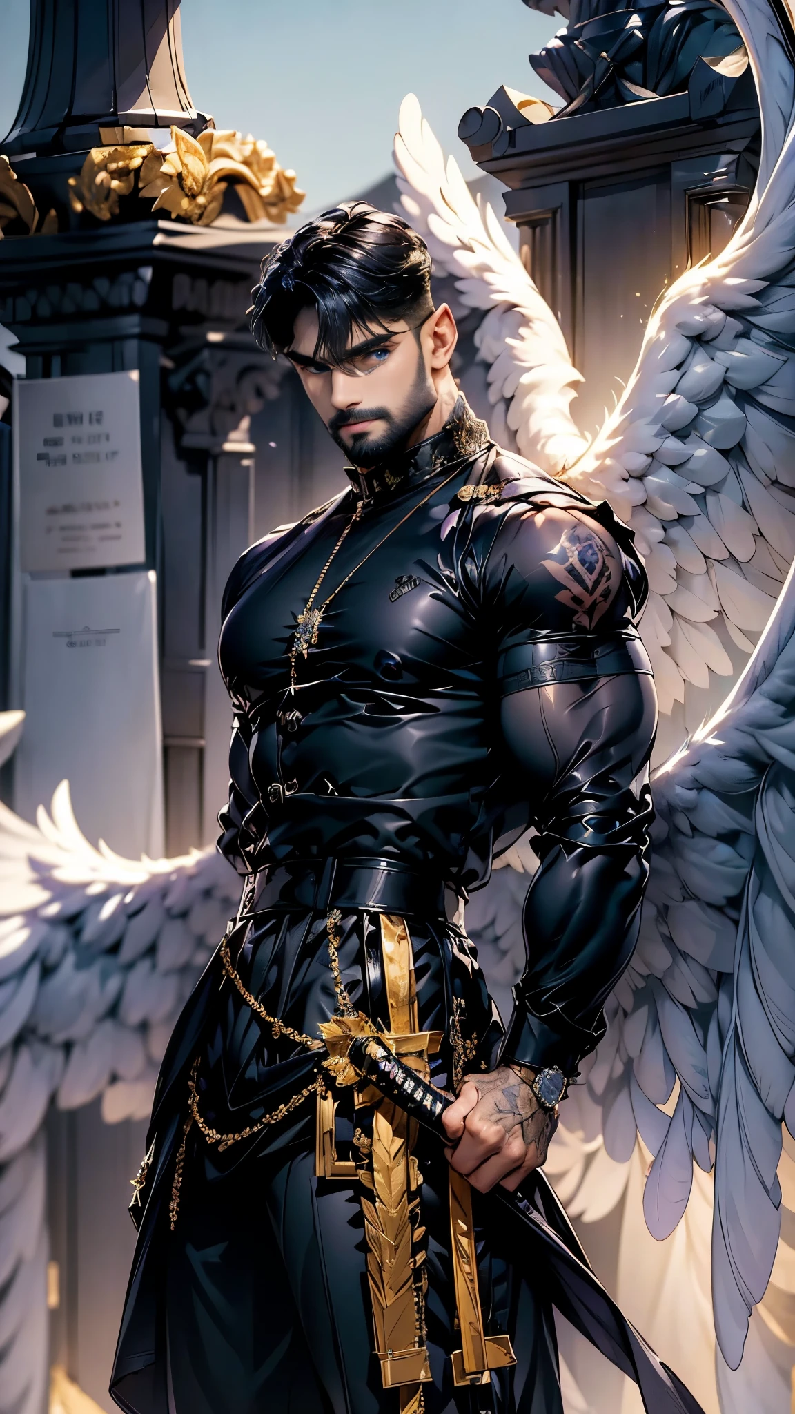 Daegan(1), male_character, detailed_face, no more characters, angel wings (symmetrical style), blue eyes (iris color), small beard, black hair, wearing black techwear jacket and trousers with buckle and tape, ((a crystal necklace)), holding one katana, tattooed, arm pointing sky (body), visual harmony, epic scenery, extremely detailed CG unity 4k wallpaper, best quality, amazing quality, very aesthetic, (ominous shadows:1.1), (flowing robes:1.1), (detailed folds and creases:1.1), (intense purple aura:1.2), (symbols of power surrounding him:1.1), (magical energy radiating:1.2), (spellcasting gestures:1.1), (ethereal particles:1.1), (dynamic pose:1.2), (epic soundtrack:1.2), (sense of awe:1.1), (magical prowess:1.1), over power, power up, sphere, extreme, focused.