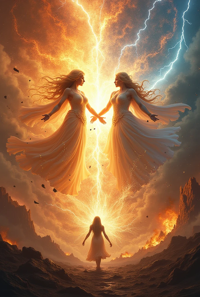 The earth being destroyed by two goddesses in a fight
