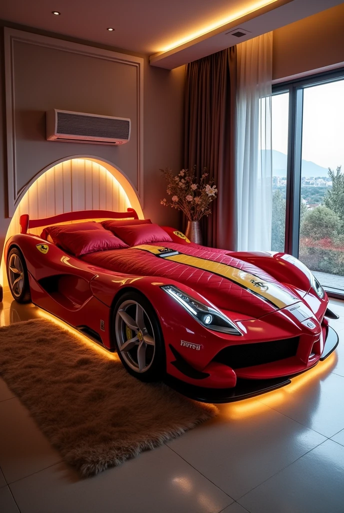 Example of a car-shaped bed whose mattress uses a Formula 1 Ferrari sheet and bedcover. Plus there are lights under the bed and Air Conditioner 