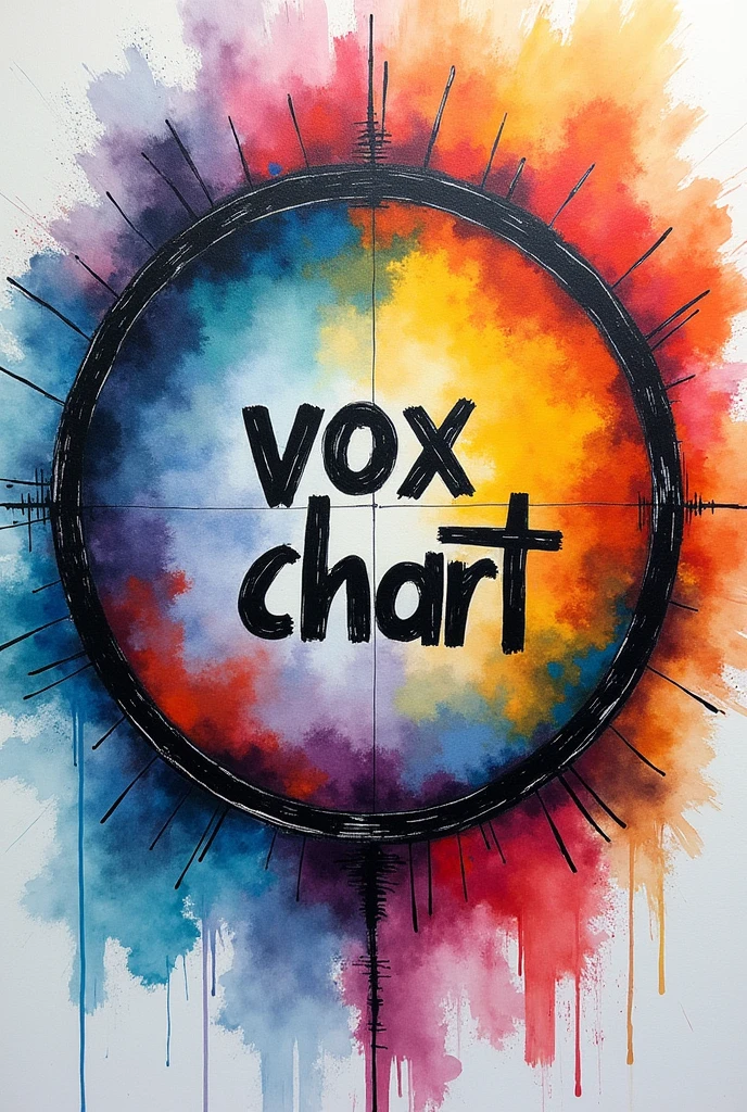 Create a three-dimensional circle, that contains the inscription VOX CHART. Using the combination of watercolor and mixed media colored pencils. Use vibrant colors.