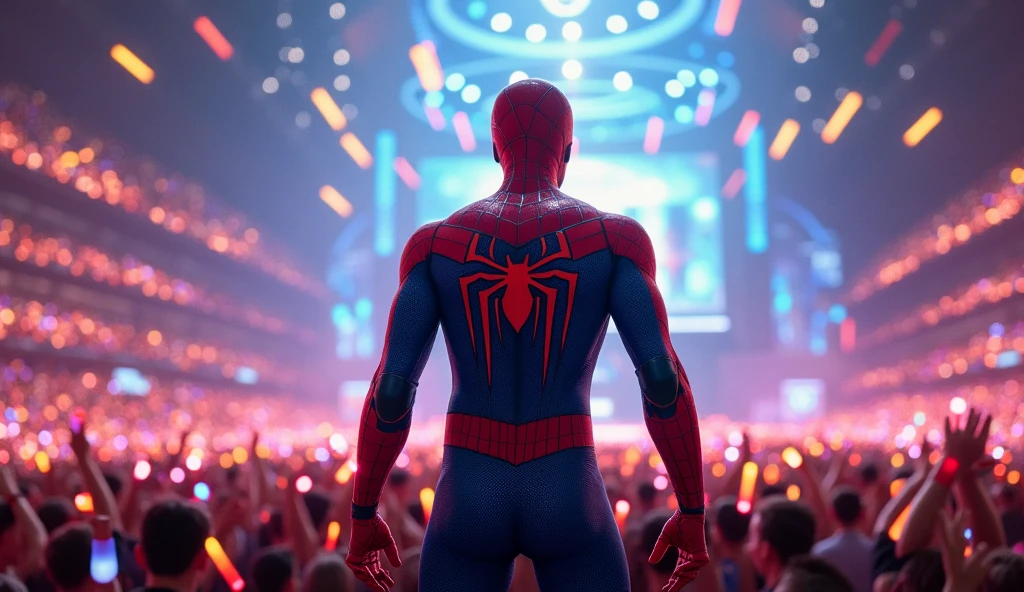 
Spider-Man, standing atop a massive stage with thousands of cheering fans, bathed in the vibrant spotlight. His suit is detailed with intricate webbing patterns and glistening with sweat. The stage is filled with pyrotechnics and holographic projections, creating a surreal spectacle.  The energy of the crowd is palpable, with each fan holding a glow stick, their faces awash in excitement.  The background cityscape is a blur of color and light,  a testament to the superhero's impact on the city. 

