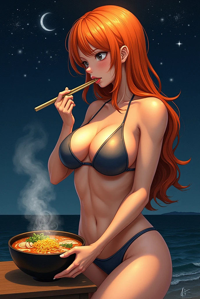 sexy Nami de one piece avec des seins enormes et en maillot alors qu'elle est assise entrain de manger une soupe de ramen, le ciel est sombre et étoilé. Image dans un style impressionniste façon van Gogh