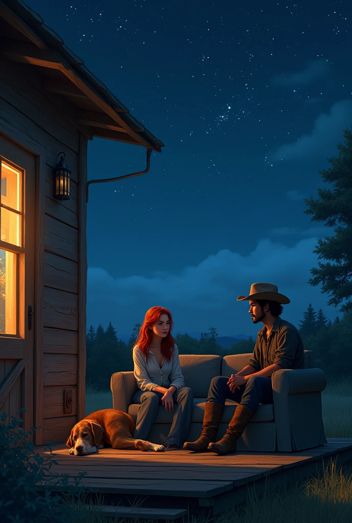 Farm house, the night, starry sky. A red-haired woman with long hair, blue colored eyes, freckles on the cheek. The Asian Man, sem beard, brawny, cowboy hat and boots. Sitting on a couch on the porch of a farmhouse, a brown dog lying beside them