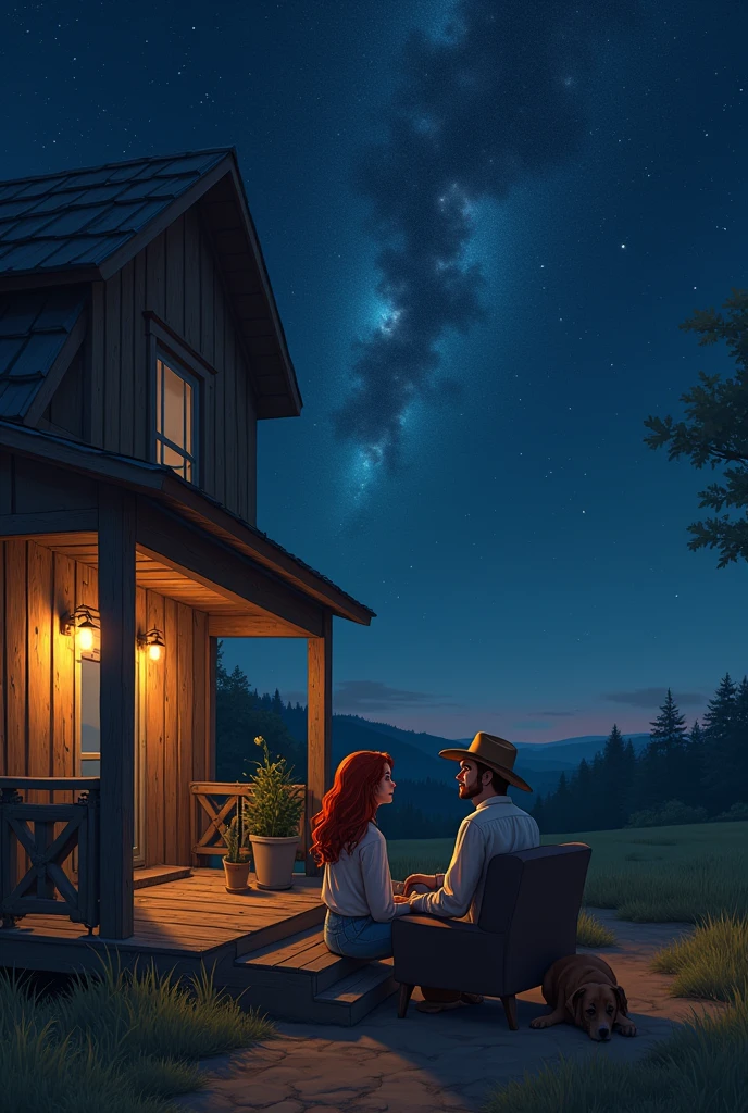 Farm house, the night, starry sky. A red-haired woman with long hair, blue colored eyes, freckles on the cheek. The Asian Man, sem beard, brawny, cowboy hat and boots. Sitting on a couch on the porch of a farmhouse, a brown dog lying beside them