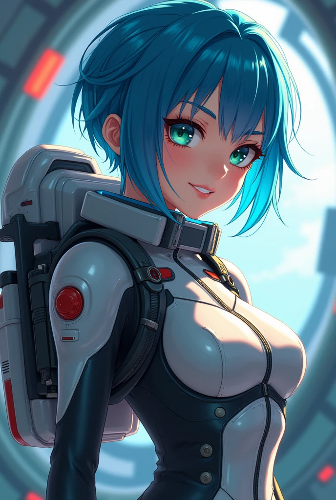 A beautiful anime girl with short blue hair in a pixie cut, dark green eyes, and large breasts wearing a skintight pilot suit, (best quality,4k,8k,highres,masterpiece:1.2),ultra-detailed,(realistic,photorealistic,photo-realistic:1.37),hyperrealistic, detailed face, detailed eyes, detailed lips, highly detailed, extremely detailed, intricate details, cinematic lighting, vibrant colors, dynamic pose, scifi, mecha, futuristic, concept art