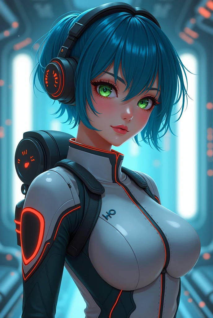 A beautiful anime girl with short blue hair in a pixie cut, dark green eyes, and large breasts wearing a skintight pilot suit, (best quality,4k,8k,highres,masterpiece:1.2),ultra-detailed,(realistic,photorealistic,photo-realistic:1.37),hyperrealistic, detailed face, detailed eyes, detailed lips, highly detailed, extremely detailed, intricate details, cinematic lighting, vibrant colors, dynamic pose, scifi, mecha, futuristic, concept art