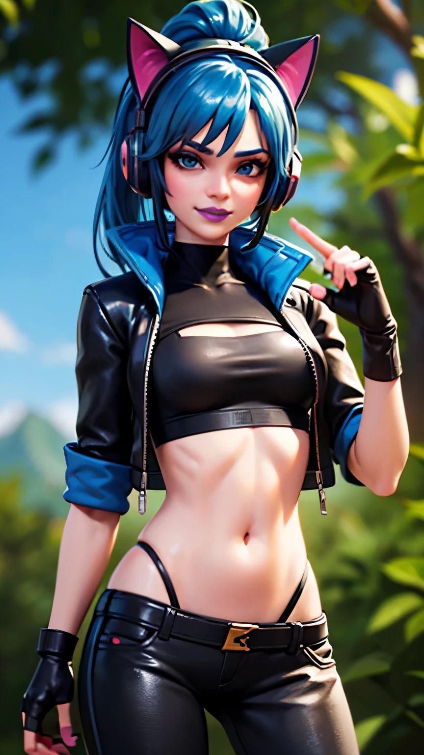 Forest background, 1girl, solo, Heroic Hope from fortnite, (crop top, black top, open clothes), (jacket crop top, black jacket, blue loose, jacket loose), fingerless gloves, black pants, blue hair, ponytail, blue eyes, headphones, cat ears headphones, blue lips, lipsticks, smirk