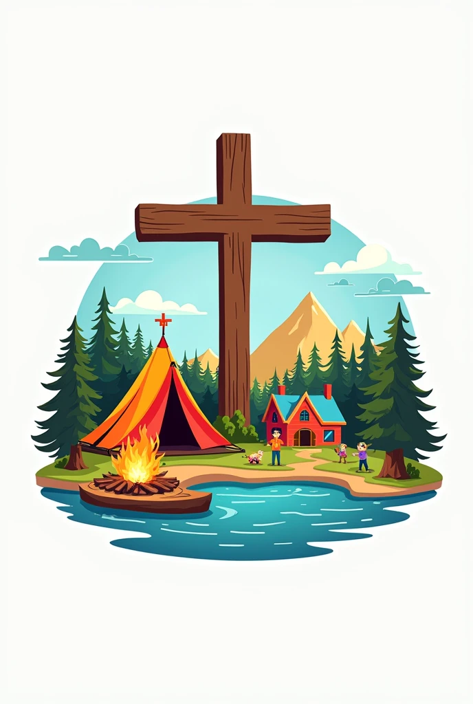 Logo for a Christian youth camp, that it is colorful and dynamic, that have details like the church and camps