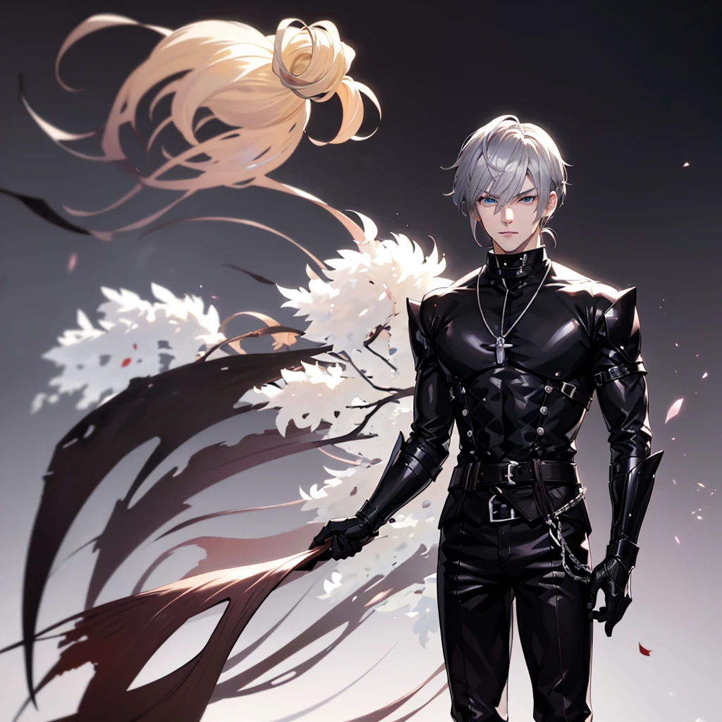 Anime attractive man, 20 year old, blonde hair, very very short ponytail, tall, muscular, black vampire hunter outfit, silver lining, solo, one person, vampire hunter, black gloves, silver arm bracers, high resolution, high quality, masterpiece, masculine face, silver necklaces, smirk, black clothes, black outfit, black shirt, black pants.