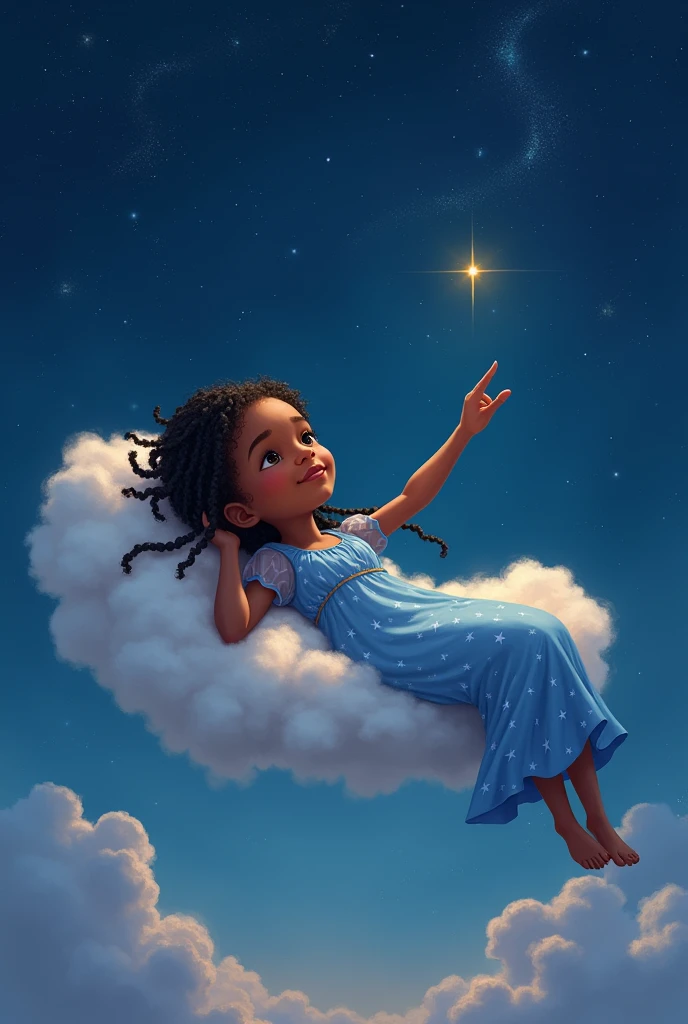 Adult black girl sleeping on top of a cloud in the sky pointing at the stars with long black braids wearing blue starry dress 