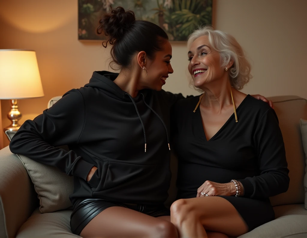 black woman hair in a bun black hoodie   black leather short shorts  being fucked in the ass by a old grandma in a dress on the living room couch 
