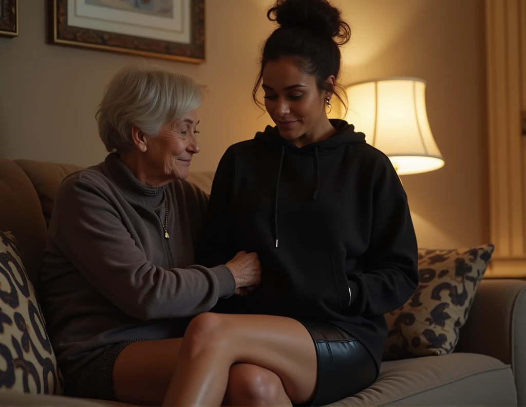 black woman hair in a bun black hoodie   black leather short shorts  being fucked in the ass by a old grandma in a dress on the living room couch 
